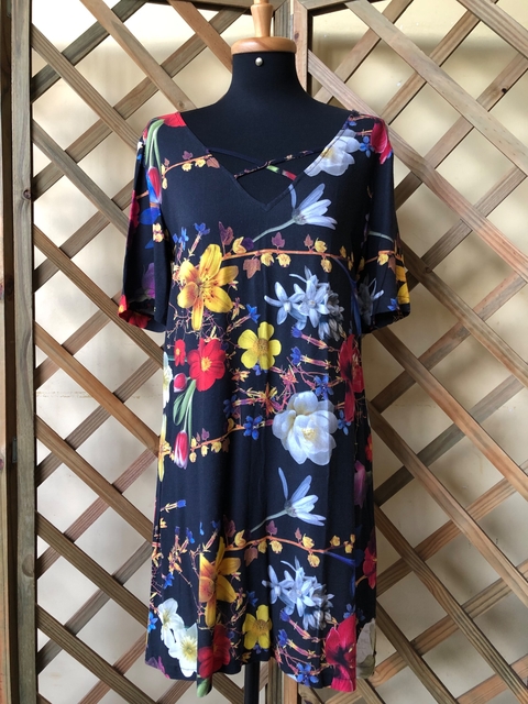 MOB - VESTIDO PRETO ESTAMPA FLORAL - P
