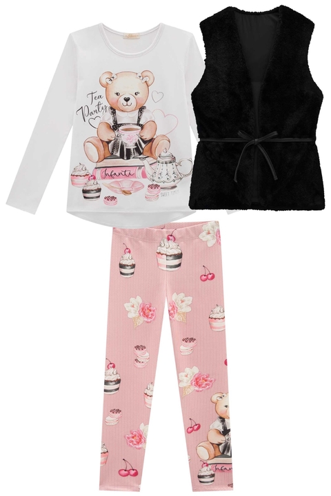 Trio Sweet de Blusa em Cotton Alongada com Legging em Molecotton e Colete em Pelo Liso