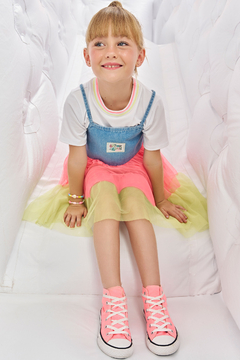 Conjunto de Vestido em Malha Power e Sobreposição em Jeans e Tule colorido na internet