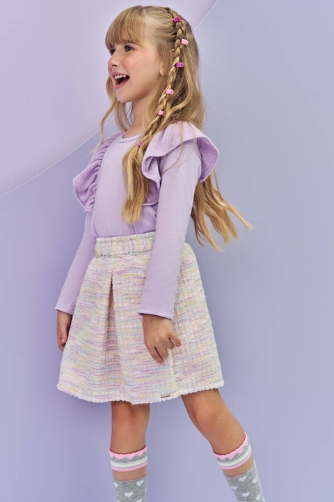 Conjunto de Blusa Boxy em Cotton e Saia em Malha Tweed Firenzi. Com Shorts Embutido