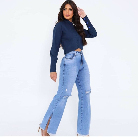 Blusa Cropped Azul gola chinesa sem babado