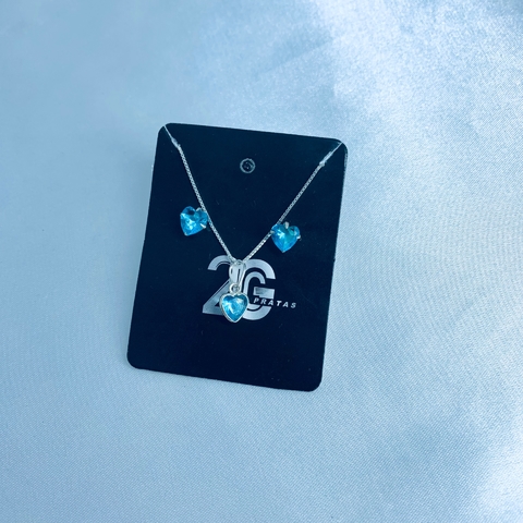 Conjunto com zircônia coração azul claro