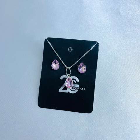 Conjunto com zircônia em gota rosa claro