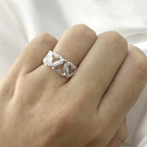 ANEL CORAÇÃO OPOSTOS GRANDES CRAVEJADO E LISO