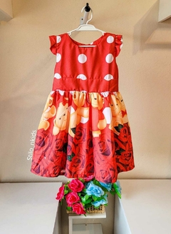 VESTIDO Temático - Vermelho bolinhas brancas Estampa de Ursinho
