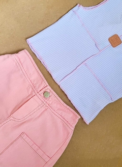 CONJUNTO Menina Regata Canelada e Shorts Saia Jeans Rosa - Playground - Stilo N Kids