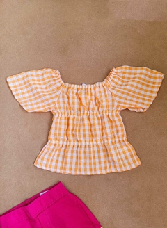 CONJUNTO Menina Playground Blusa Bufante em Xadrez Shorts Saia em Bengaline na internet