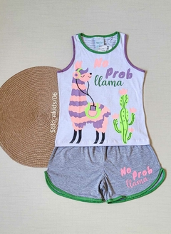 PIJAMA Menina Verão Minifan - Regata Lhama - Branco|Cinza