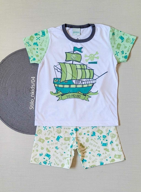 PIJAMA Menino verão Minifan - Pirata - Branco|Verde