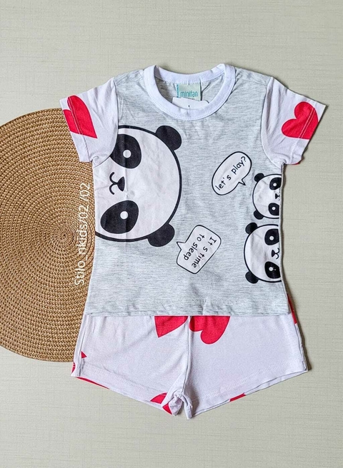 PIJAMA Menina Verão Minifan - Panda - Cinza|Branco