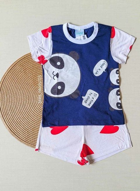 PIJAMA Menina Verão Minifan - Panda - Azul|Branco