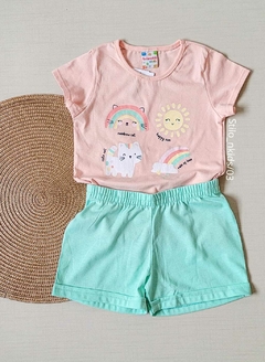 CONJUNTO Brandili Verão - gatinhos e Arco-iris - Salmão|Verde