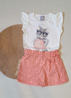 CONJUNTO Verão MUNDI Menina - Gato de Óculos- Branco|Rosa