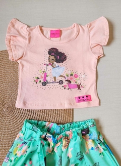 CONJUNTO Milli&Nina Verão - Menina no Patinete - Rosa|Verde Água - Stilo N Kids