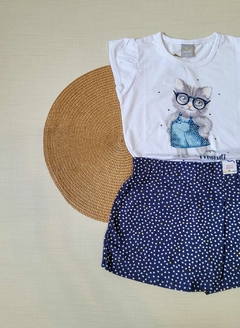CONJUNTO Verão Mundi Menina- Gato com Óculos - Branco|Azul Marinho - comprar online