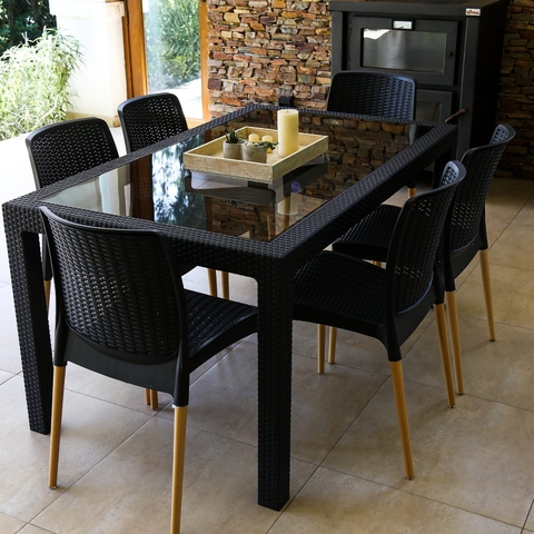 Mesa Indonesia tapa vidrio con silla india pata madera - comprar online