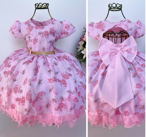 Vestido Rosa Floral Infantil Luxo Aniversário