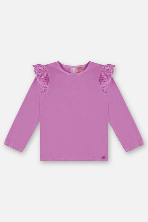 Blusa infantil manga longa em meia malha lilás neon