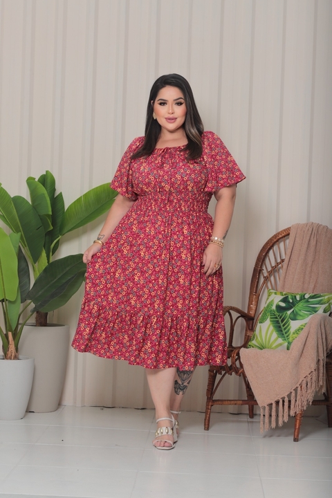 Vestido Ellen Plus Midi manga curta com lastex na cintura Vermelho Liberty floral - comprar online