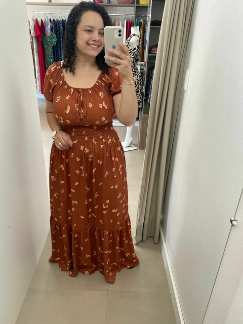 Vestido Gaby Longo com lastex na cintura Caramelo Floral - comprar online