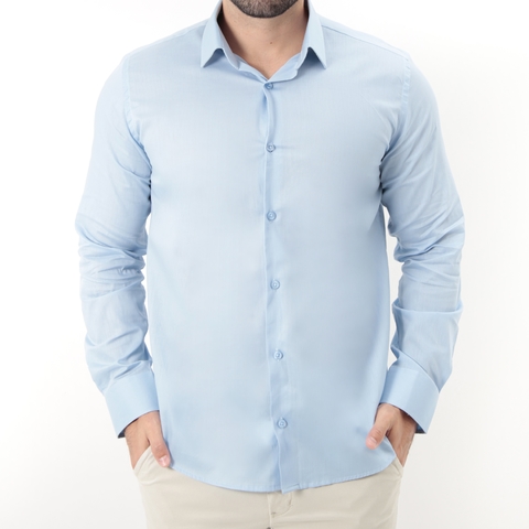 CAMISA SOCIAL MASCULINA MANGA LONGA COMFORT FIT FIO A FIO AZUL CLARO