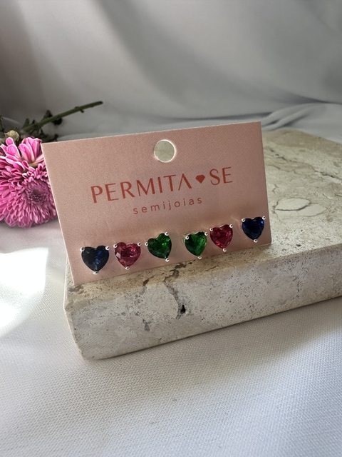 Trio Corações Rosa/Verde/Azul Dourado/Prata - comprar online