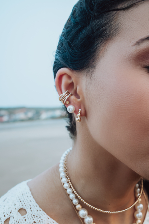 Trio Ear Cuff, Pérola e Esfera Dourado