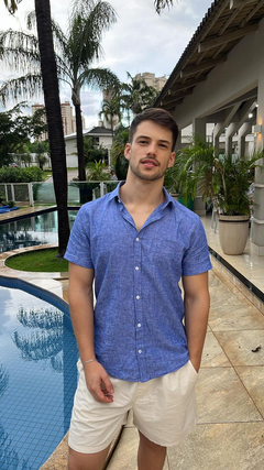 Camisa Manga Curta Slim Fit Linho - Azul - Viss