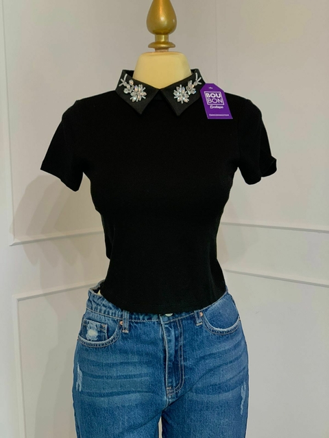 BLUSA NEGRA PERLAS CUELLO TALLA L/XL