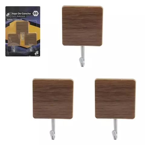 CABIDE GANCHO DE METAL QUADRADO TIPO MADEIRA AUTOADESIVO C/3 PCS 6,5X4,3X2CM BAR-224006-6 BARCELONA