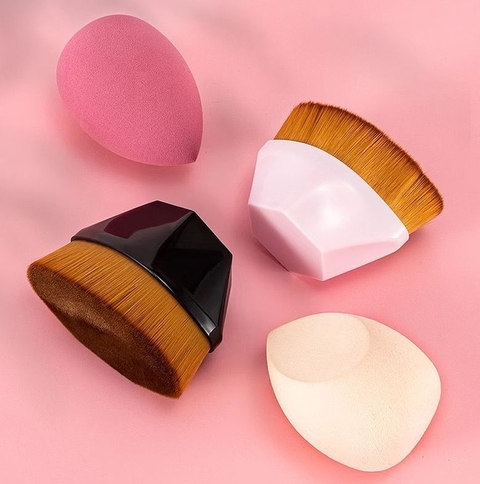 12 kit com 2 Pincéis e 2 Esponja de Maquiagem Para Base Alta Qualidade Macio