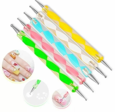 Kit 10 Boleadores Em 5 Pincéis - Ponta Dupla - Manicure - Design Em Unhas Box C/12pçs