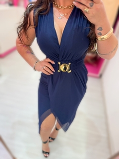 Vestido midi cinto Bruna azul - comprar online