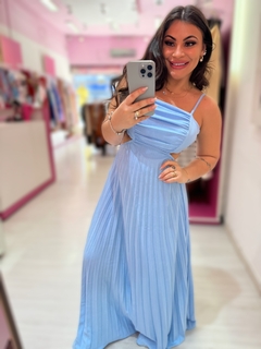 Vestido longo plissado Júlia azul candy