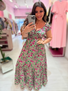 Vestido longo indiano verde/rosa