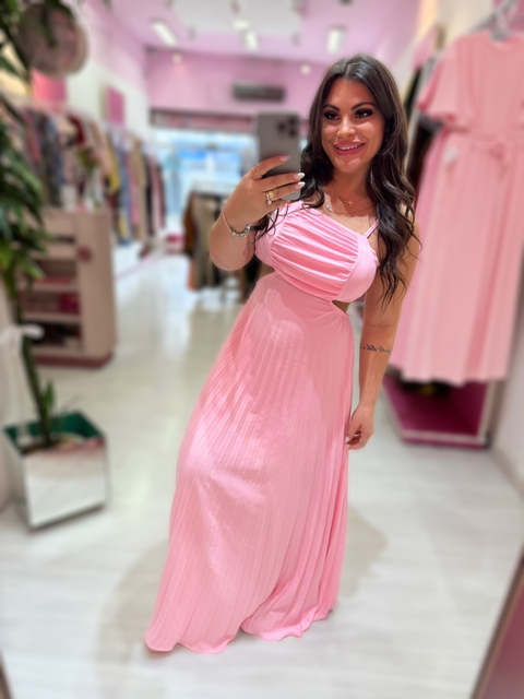 Vestido longo plissado Júlia Rosa candy