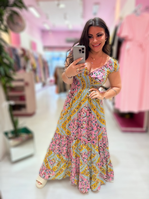 Vestido longo indiano rosa/amarelo
