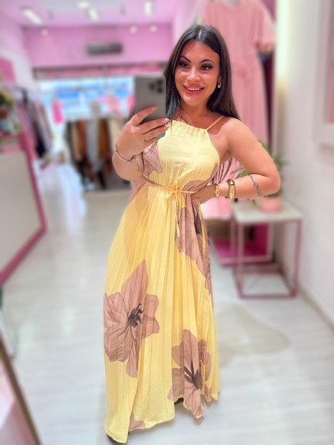 Vestido longo plissado amarelo