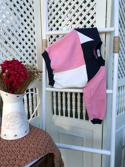 Blusa Moletom Oversized Zero Waste - Rosa e Azul Marinho