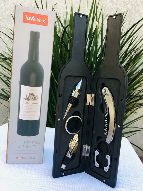 Kit Vinho 5 Peças Abridor Saca Rolha Tampa Anel Garrafa