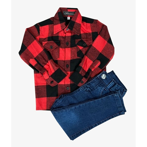 Kit Infantil Camisa Xadrez Flanela + Calça Jeans (Tamanhos 2 ao 16)
