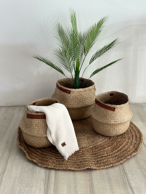 Canasto fibra natural con eco cuero GRANDE