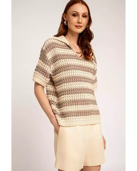 Blusa Gola de tricô cru listrada Rafaela Tomazzoni - comprar online