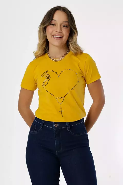 T-shirt estampado com aplicação em pérolas - Amarelo Mostarda