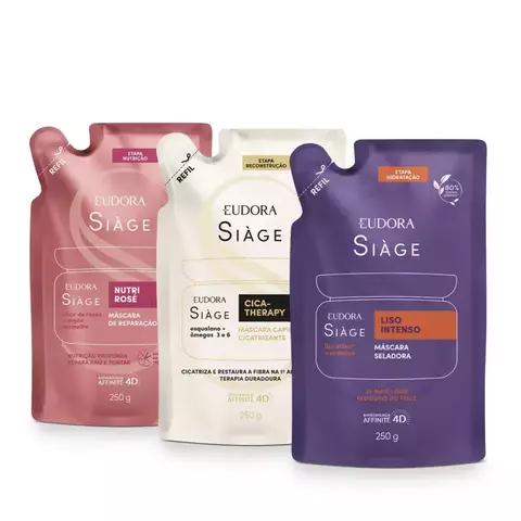 Cronograma Capilar Siàge Eudora : Refil Liso Intenso 250g + Refil Nutri Rosé 250g + Refil Cica-Therapy 250g - comprar online