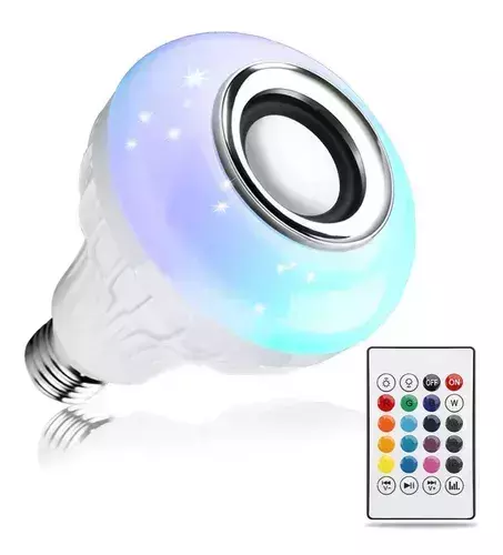 alt="Lámpara LED en forma de foco con parlante Bluetooth y control remoto"
