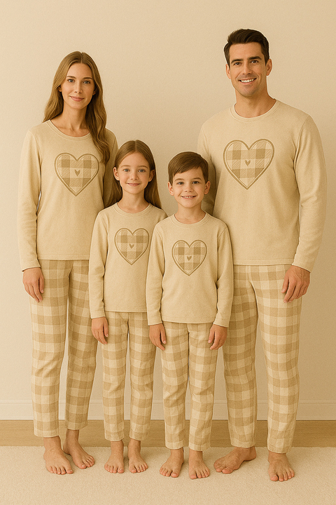 Pijama Manga Longa Adulto ou Infantil Estampa Coração Bege - comprar online