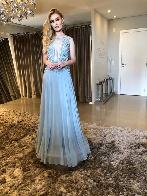 VESTIDO AZUL SERENITY BORDADO E TRANSPARÊNCIA