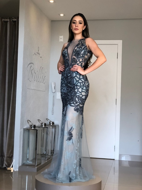 VESTIDO AZUL SEREIA BORDADO