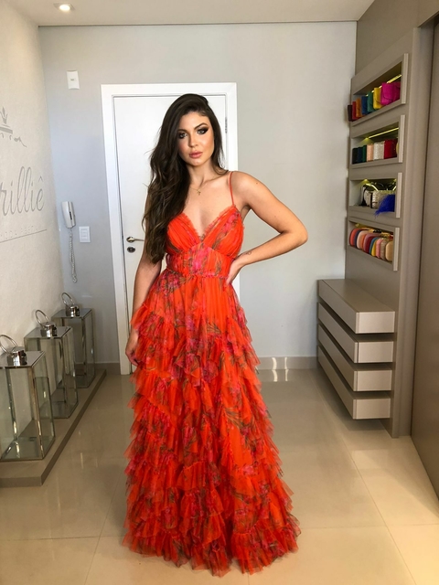 VESTIDO LARANJA ESTAMPADO ALÇAS